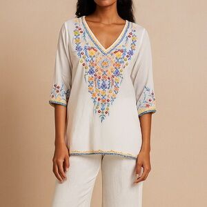 NEW Johnny Was Ryleigh Blouse Tunic Intricate Floral Embroidery White Sz XS or S